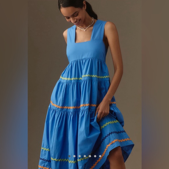 NEW Anthropologie Square-Neck Tiered Midi Dress: Smocked Scallop Edition - Picture 1 of 8